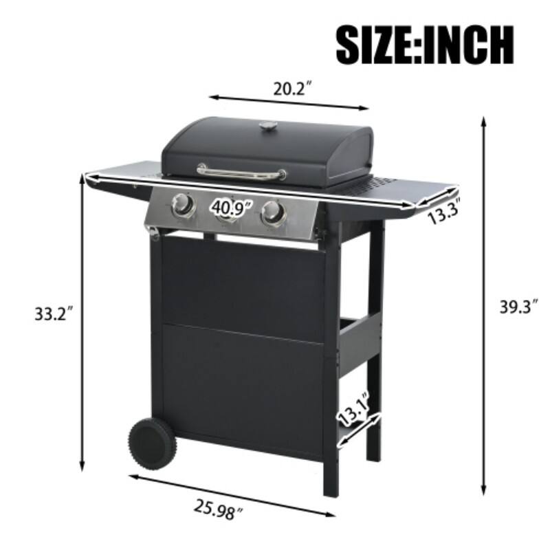 The corrected and grouped dimensions from the image are:

- Width: 40.9"
- Depth: 20.2"
- Height: 39.3"
- Width of the shelf: 13.3"
- Height of the shelf: 13.1"
- Height of the grill: 33.2"
- Width of the base: 25.98"