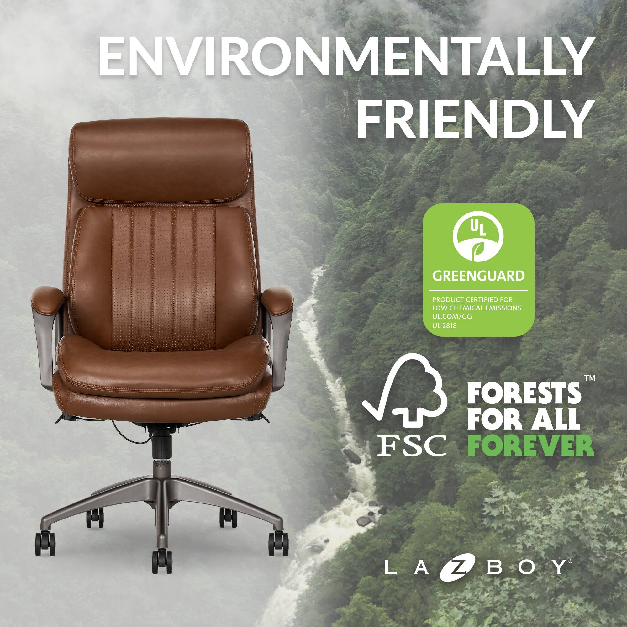 The text on the image is grouped and corrected as follows:

"Environmentally Friendly - UL Greenguard Product Certified for Low Chemical Emissions - UL 2818 TM - Forests for All - FSC Forever - LA-Z-BOY."