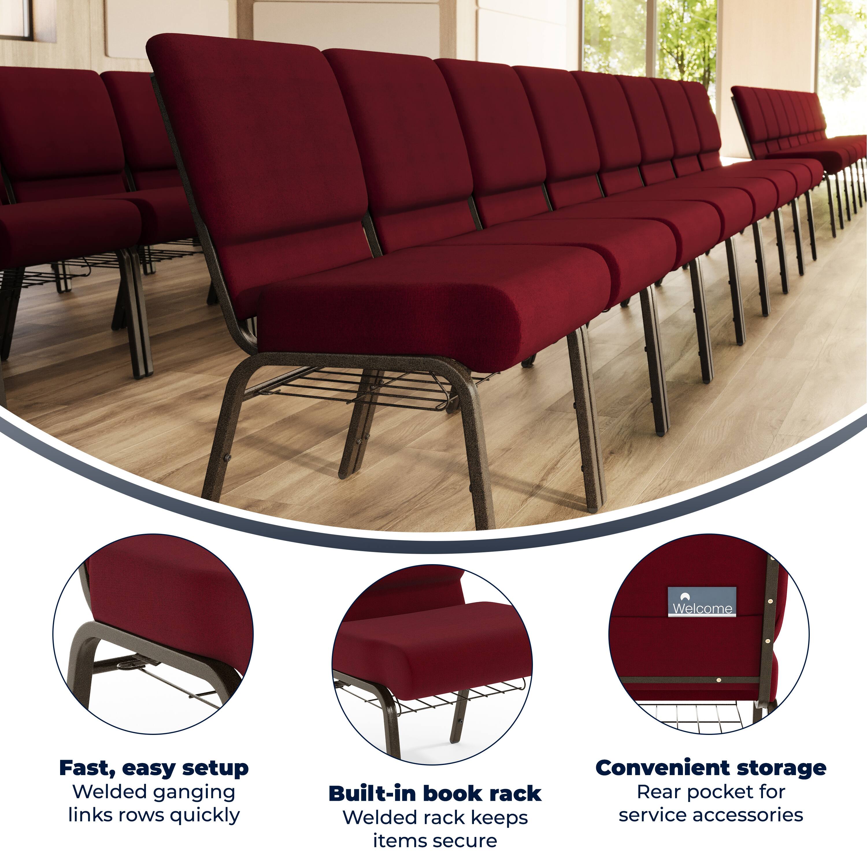 Welcome

Fast, easy setup  
Welded ganging links rows quickly

Convenient storage  
Built-in book rack  
Welded rack keeps service accessories items secure