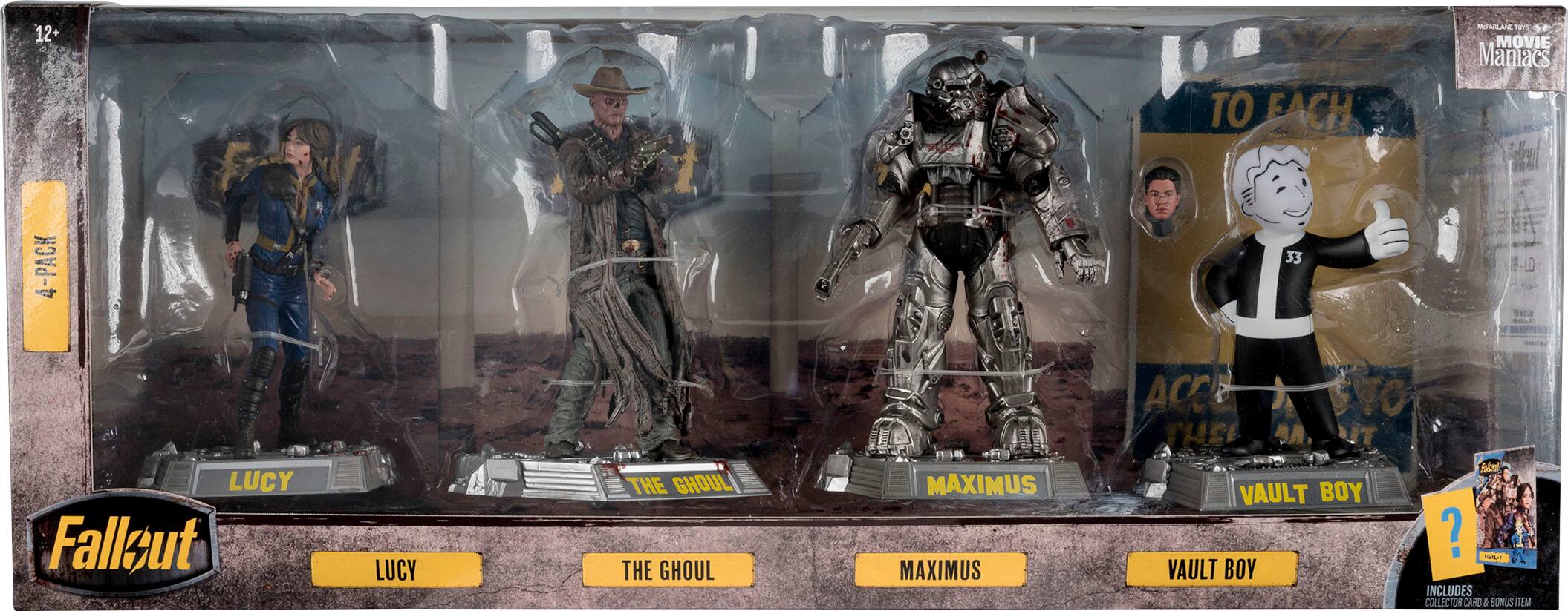 The image shows a collection of four Fallout 4 action figures, each representing a different character. The figures are displayed in a case, with each character standing on a separate platform. The characters include Lucy, the Ghoul, Max, and Vault Boy. The case also includes a collector's card and a bonus item, making it a complete set for Fallout 4 fans.