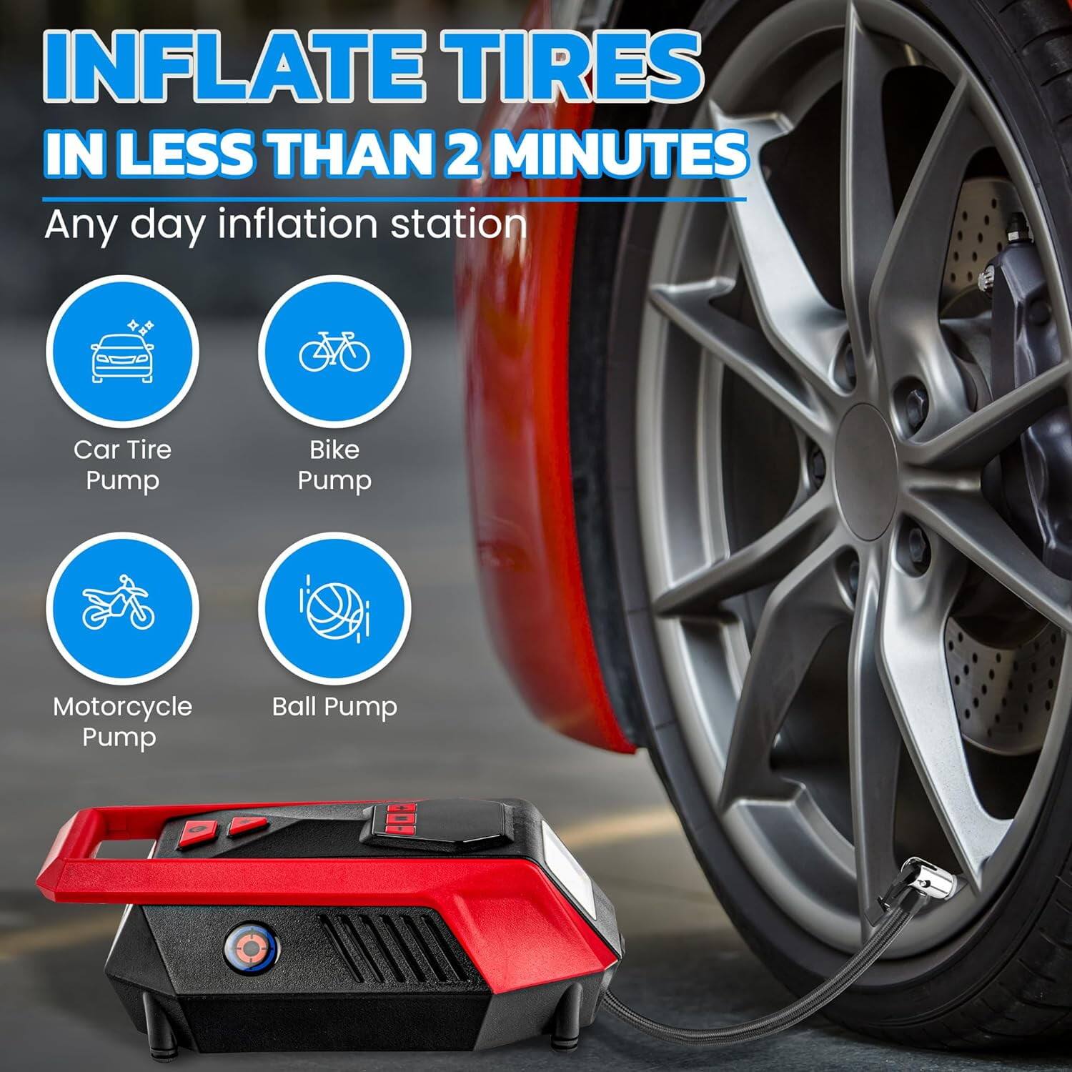 INFLATE TIRES IN LESS THAN 2 MINUTES  
Any day inflation station  

Car Tire Pump  
Bike Pump  
Motorcycle Pump  
Ball Pump