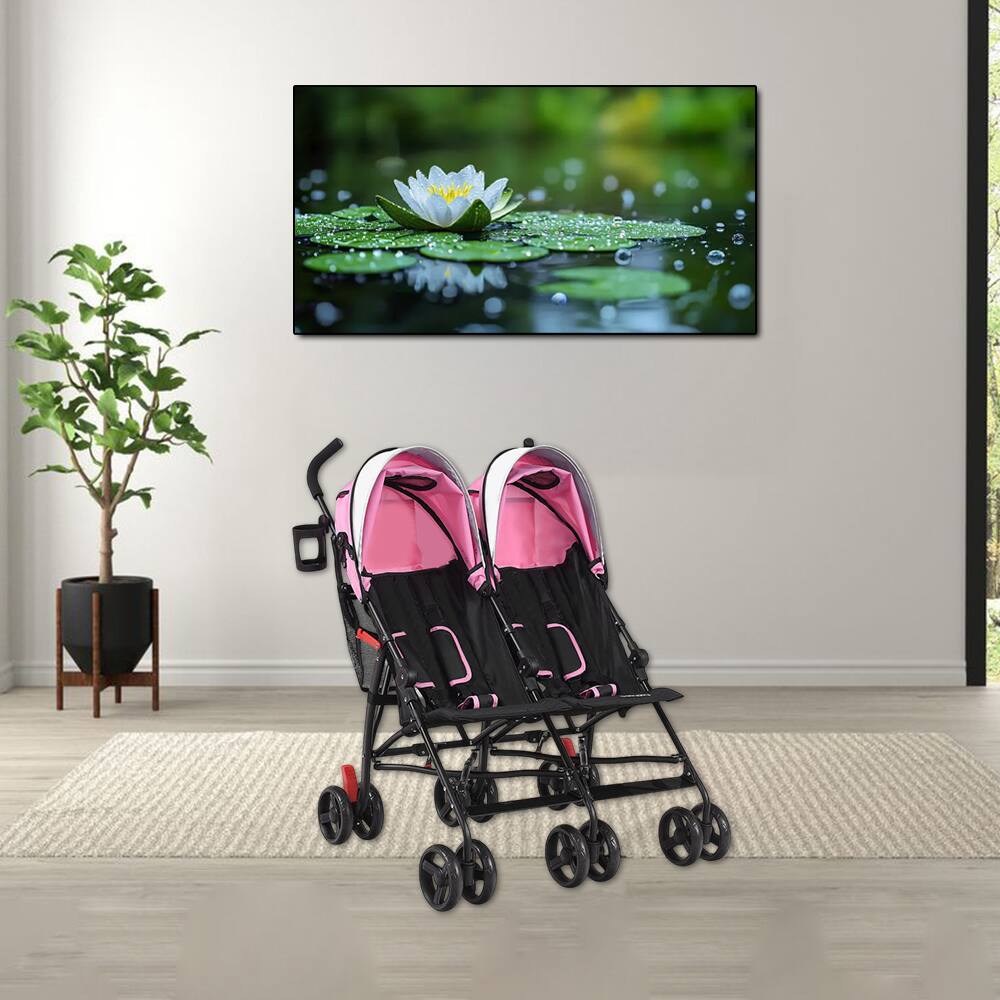 Front. Hivvago - Lightweight Foldable Double Stroller for Twins Compact Umbrella Design for Kids - Pink.