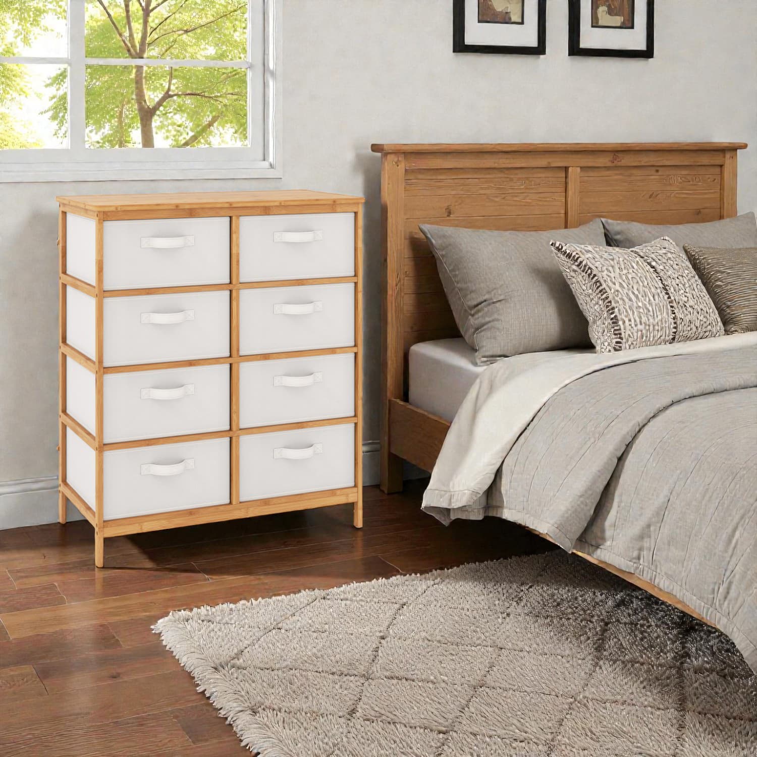 Hivvago - Fabric Bin Dresser with a Set of Eight Removable Compartments - Beige & Natural