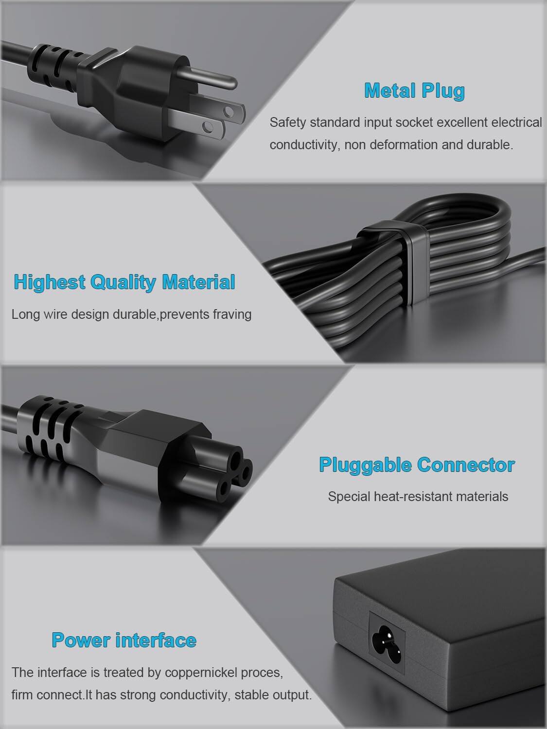 Metal Plug  
Safety standard input socket excellent electrical conductivity, non deformation and durable.

Highest Quality Material  
Long wire design durable, prevents fraying

Pluggable Connector  
Special heat-resistant materials

Power interface  
The interface is treated by coppernickel process, firm connect. It has strong conductivity, stable output.
