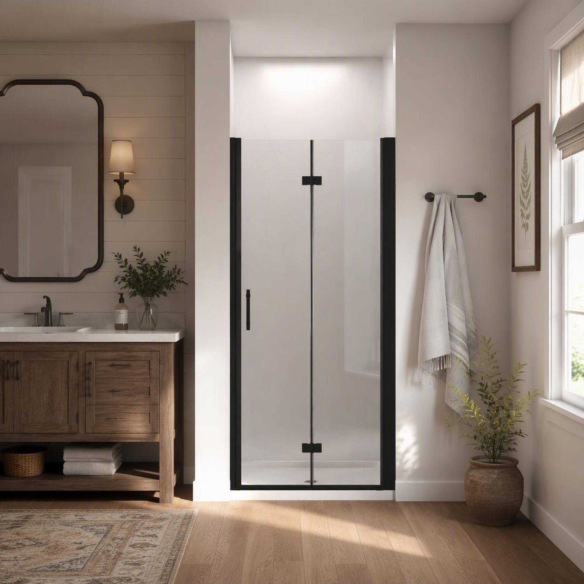 Angle. RYHNUYNE - 28-29 In X 72 In Bifold Shower Door, 1/4 In Clear Tempered Glass Matte Black Finish - Matte Black.