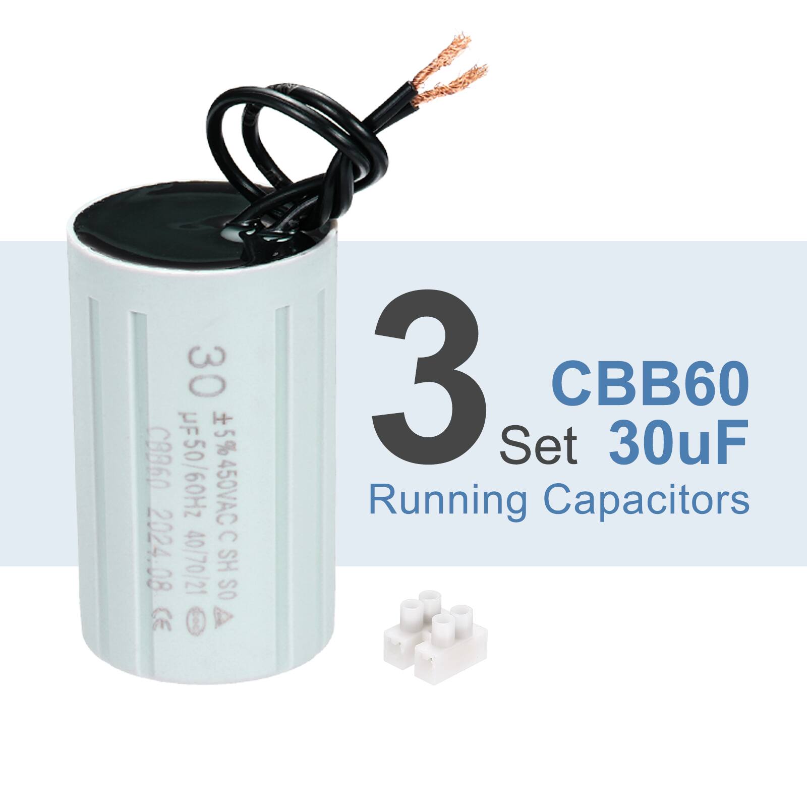 3 CBB60 Set 30uF Running Capacitors

30 µF 50/60Hz +5% 450VAC C 2024.08 40/70/21 SH OS CE

CBB60 30uF