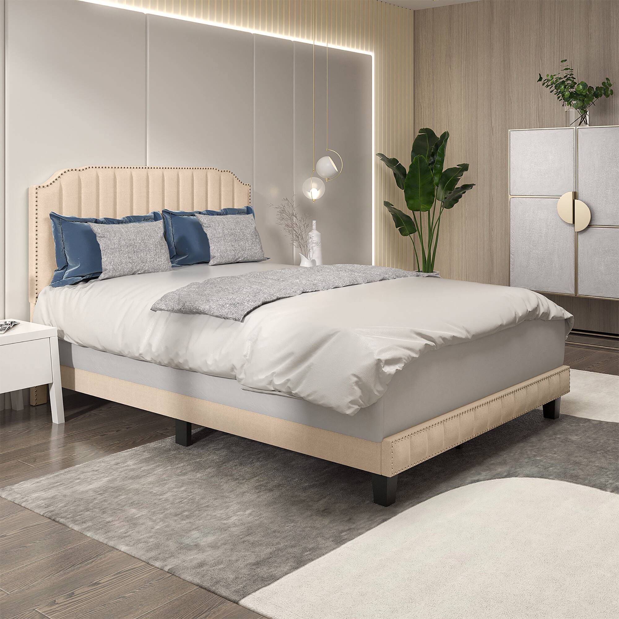 Alt View 4. Gymax - Gymax Full Upholstered Bed Frame with linen fabric vertical lines Rivets headboard - Beige.
