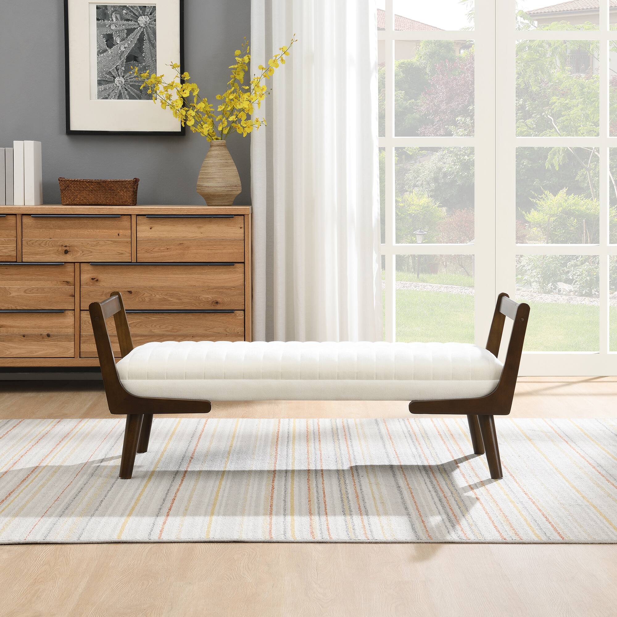 Angle. GOODSILO - Mid-Century Modern Upholstered Bench with Walnut Wood Legs and Channeled Tufted Design for Living Spaces - Beige.