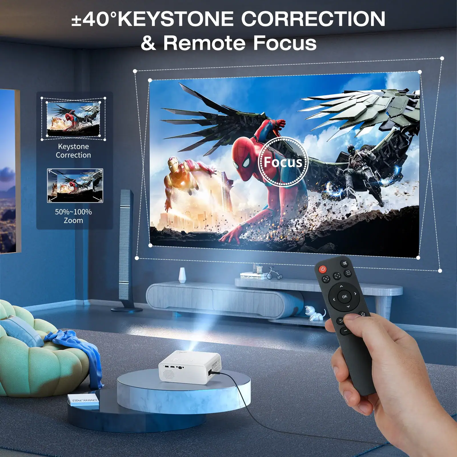 +40° KEYSTONE CORRECTION & Remote Focus

Keystone Correction

50%~100% Zoom
