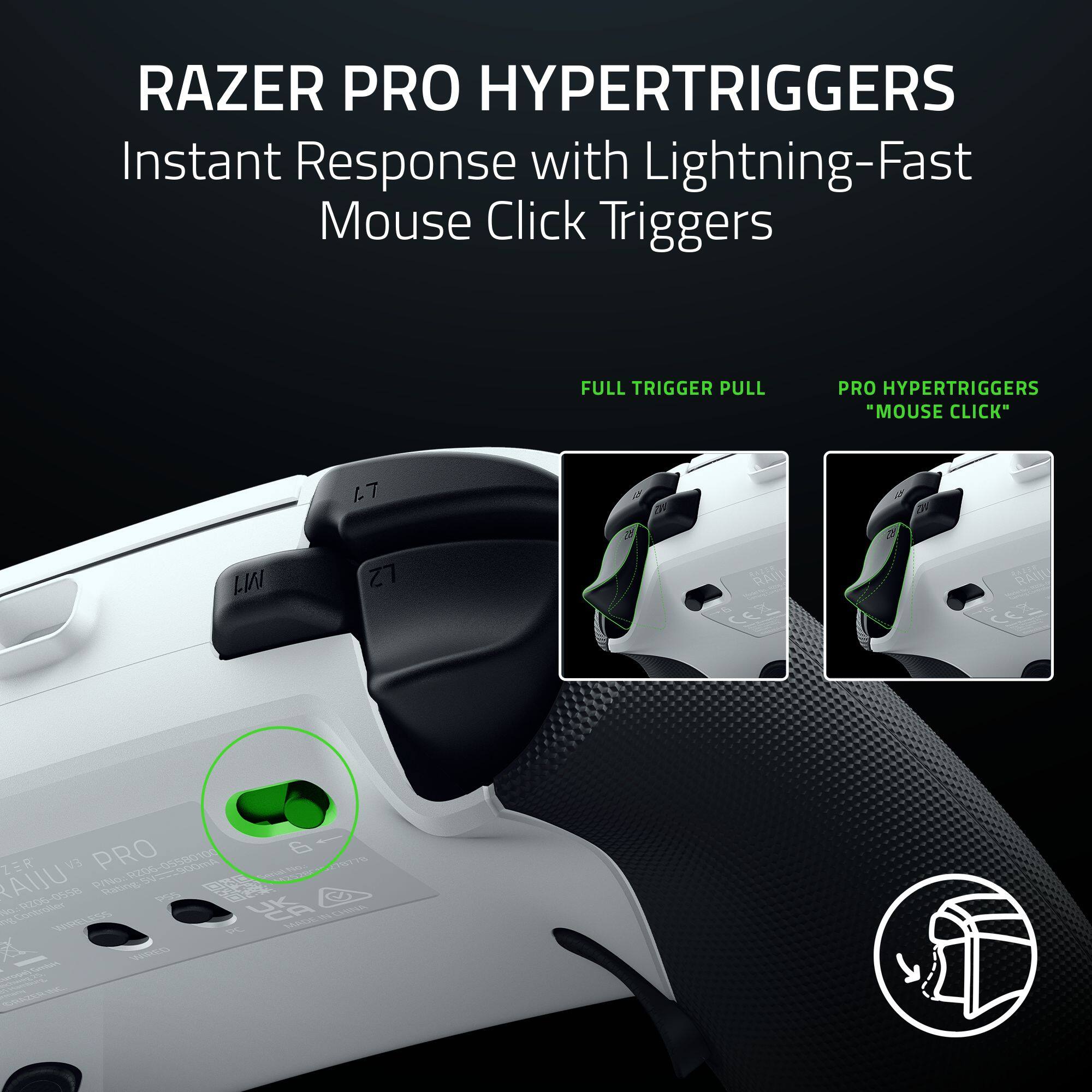 RAZER PRO HYPERTRIGGERS  
Instant Response with Lightning-Fast Mouse Click Triggers  

FULL TRIGGER PULL  
PRO HYPERTRIGGERS "MOUSE CLICK"  

RAZER PRO  
RAIN PRO 6  
ZER EV  
R206-05500100  
vzOO d0rd 2STIA AIU  
PNo -0 PRS  
osse prOU m  
by 02060 SZTA  
P MS SAFCA