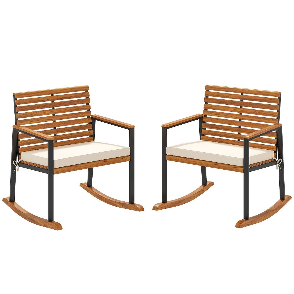 Alt View 4. Loheer - Loheer Lawn Rocking Chair Set of 2 Acacia Wood Porch Rockers with Cushions Cream White - Cream White.