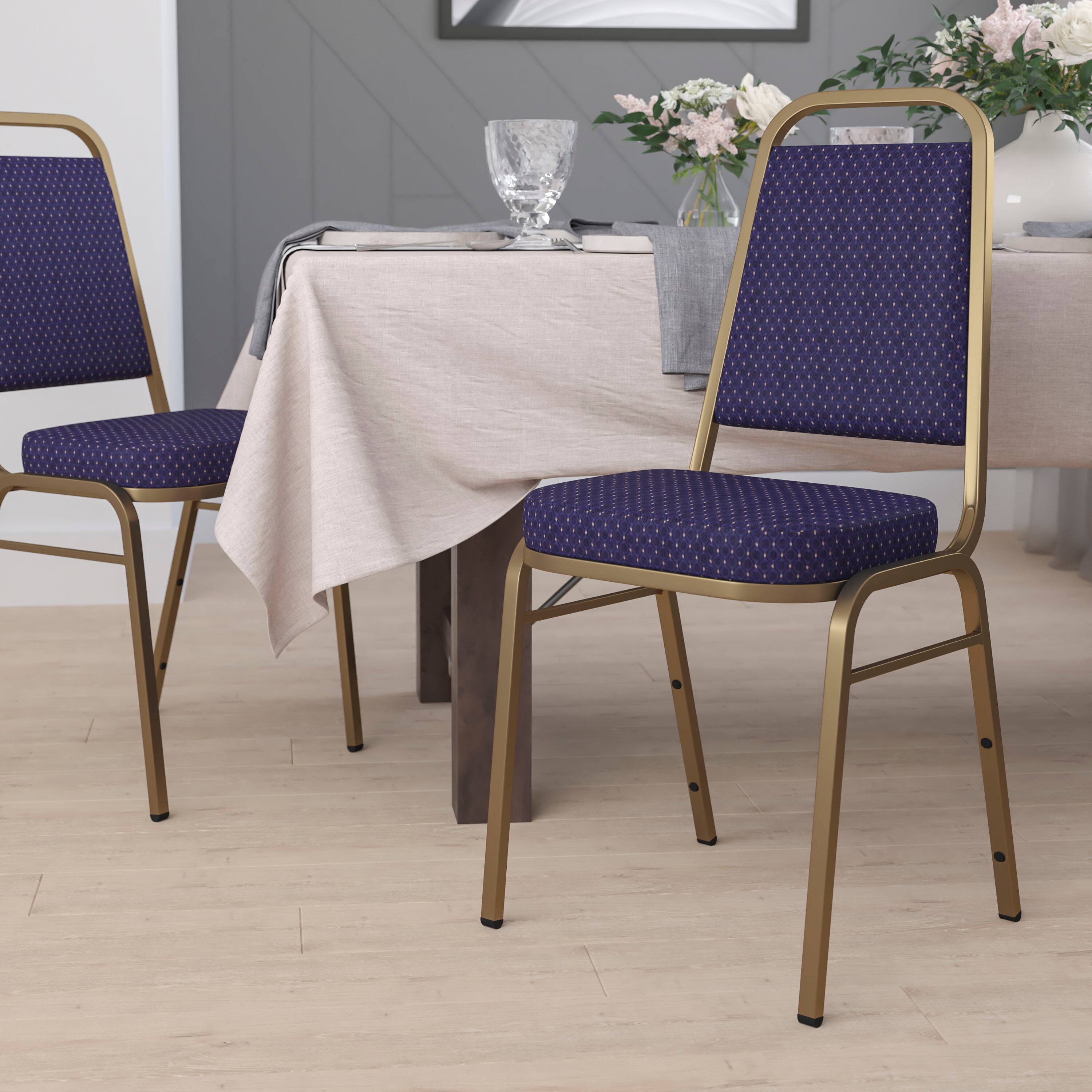 Alt View 1. Emma + Oliver - Trapezoidal Back Stacking Banquet Dining Chair - 2.5" Thick Seat - Navy Patterned Fabric/Gold Frame.