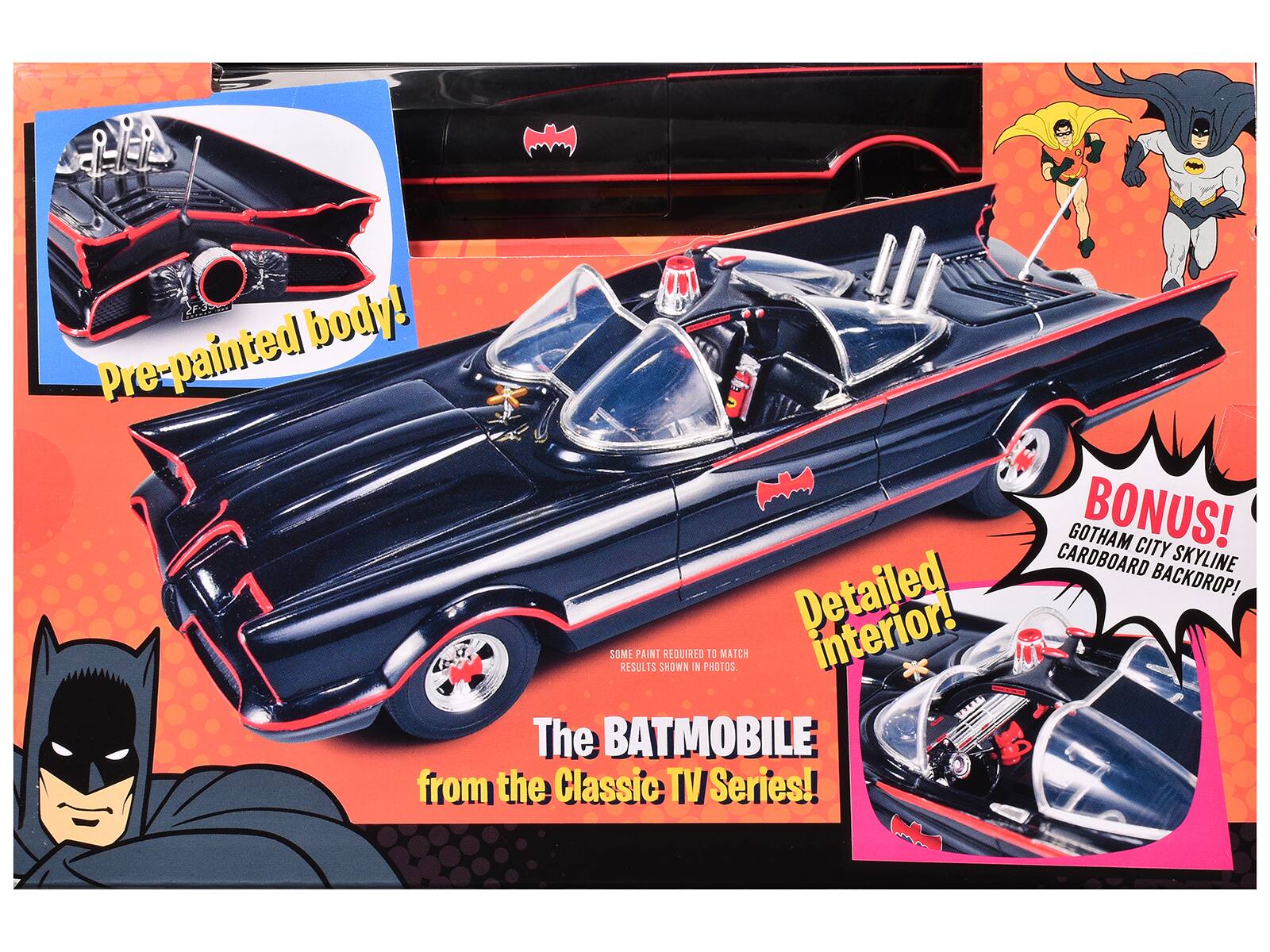 - Pre-painted body!
- Detailed interior!
- Some paint required to match results shown in photos.
- The BATMOBILE from the Classic TV Series!
- BONUS! Gotham City Skyline Cardboard Backdrop!