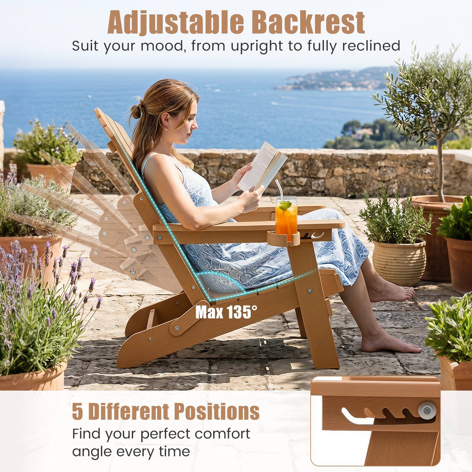 Adjustable Backrest  
Suit your mood, from upright to fully reclined  
Max 135°  
5 Different Positions  
Find your perfect comfort angle every time