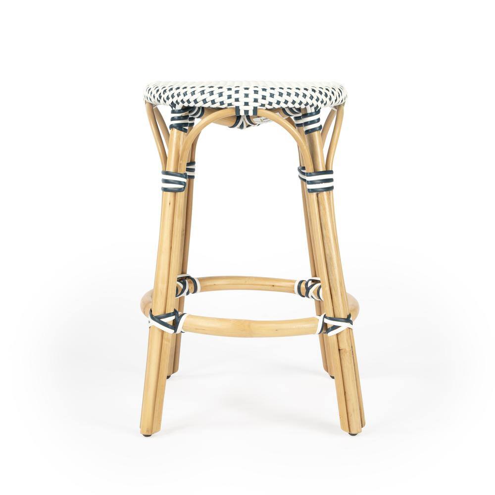 Alt View 2. Butler Specialty - Tobias Rattan Round 24" Counter Stool - White And Navy Dot.