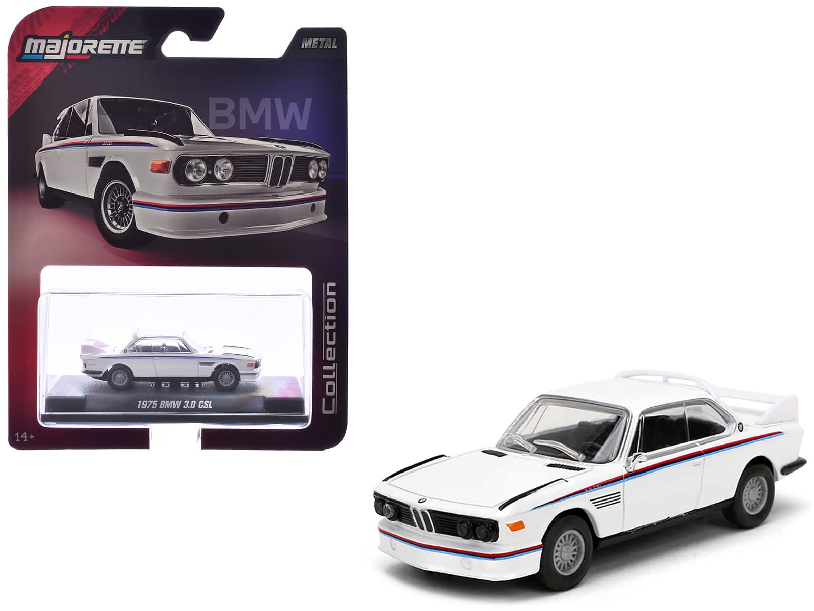 "1975 BMW 3.0 CSL White with Red and Blue Stripes ""Collection"" Series 1/64 Diecast Model Car by Majorette - Multicolor" price history on PriceWatchPro