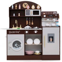 Costway - Honeyjoy Kids Kitchen Set Wooden Kitchen Playset with Clock, Microwave, Sink, Dish Rack - Brown