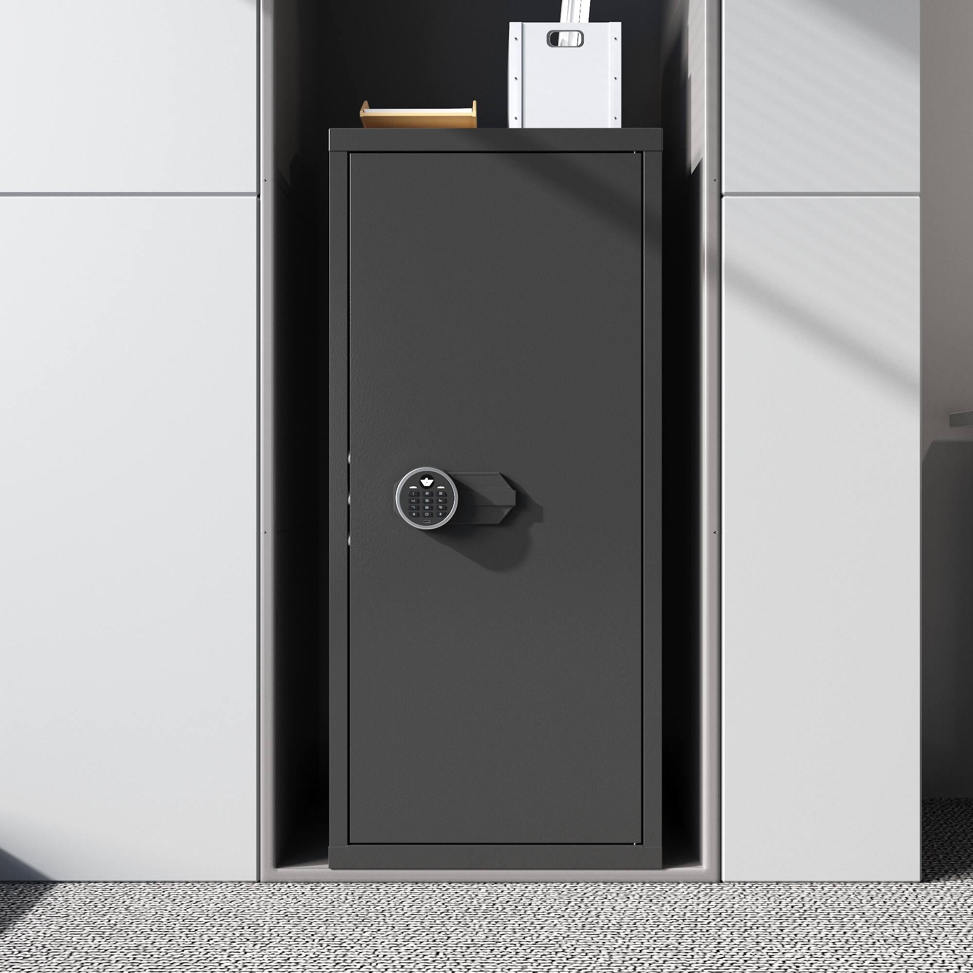 Back. Famapy - Large Steel Gun Safe for Rifles and Handguns, Firearm Security Cabinet with Digital Keypad, Alarm System, Removable Shel - Black.