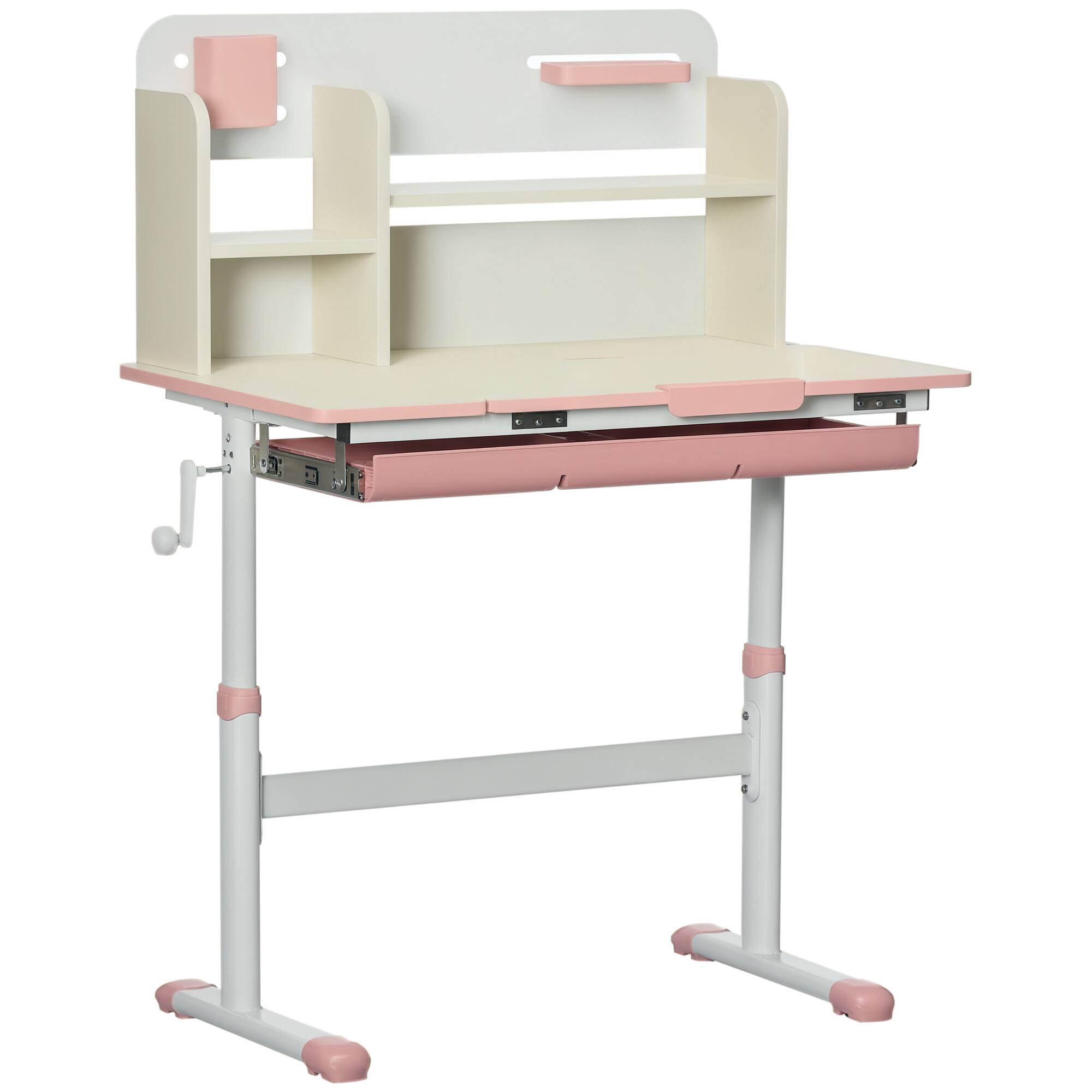 Front. Qaba - Wooden Kids Study Desk, Height Adjustable, Children School Table, Tilt Desktop, Drawer, Storage Shelf, Pen Holder - Pink.