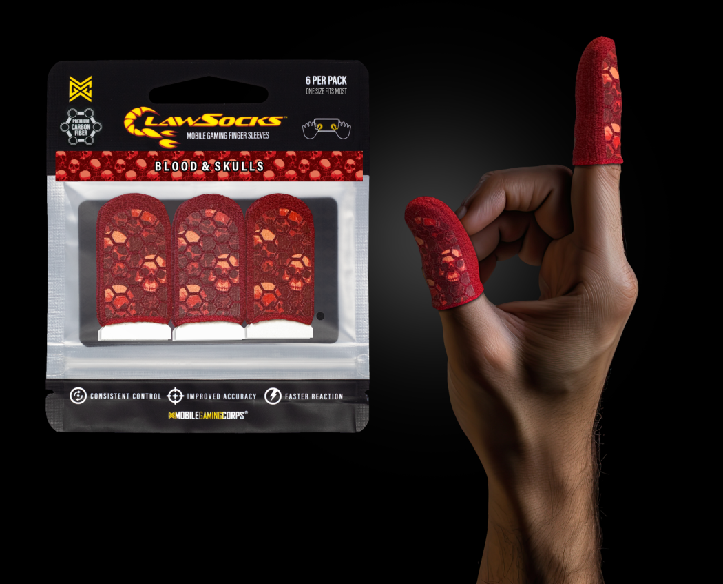 6 PER PACK  
ONE SIZE FITS MOST  

LAW SOCKS  
MOBILE GAMING FINGER SLEEVES  

BLOOD & SKULLS  

CARBON FIBER  

CONSISTENT CONTROL  
IMPROVED ACCURACY  
FASTER REACTION  

MOBILE GAMING CORPS