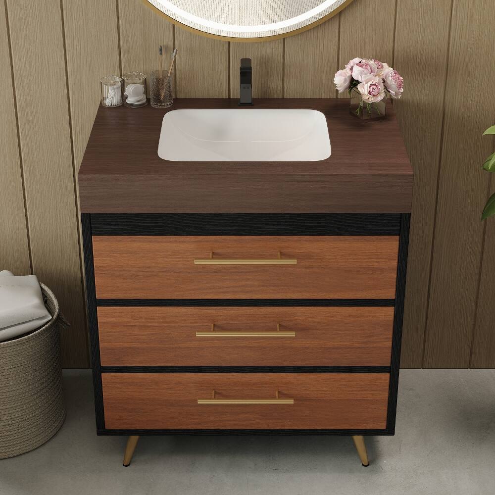Back. Loheer - Loheer 29.9 inch bathroom vanity freestanding farmhouse vanity with ceramic vessel sink and sintered stone top - Walnut.