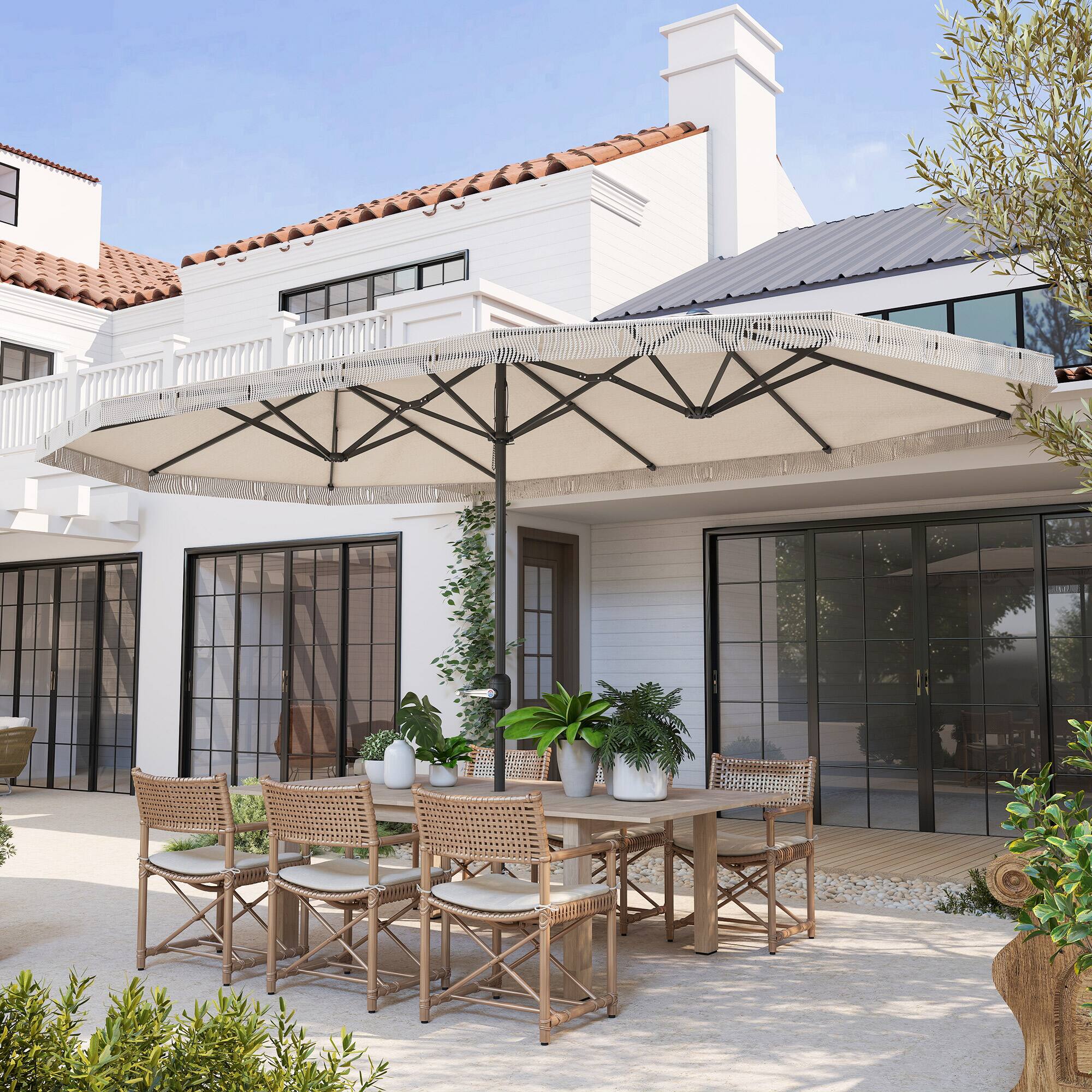Alt View 7. Outsunny - Rectangle Patio Umbrella UPF30+ Extra Large Outdoor Umbrella with Fringe and Crank Handle - Cream.