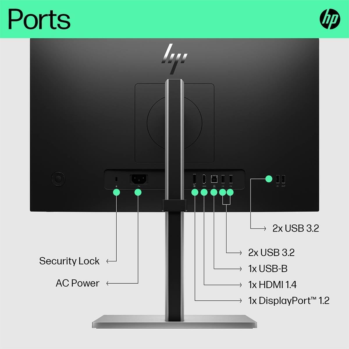Ports  
- 2x USB 3.2  
- Security Lock  
- AC Power  
- 2x USB 3.2  
- 1x USB-B  
- 1x HDMI 1.4  
- 1x DisplayPort 1.2