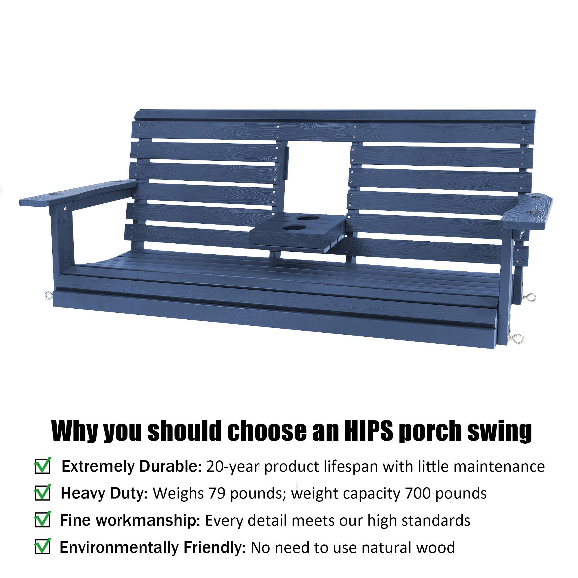Why you should choose an HIPS porch swing

- Extremely Durable: 20-year product lifespan with little maintenance
- Heavy Duty: Weighs 79 pounds; weight capacity 700 pounds
- Fine workmanship: Every detail meets our high standards
- Environmentally Friendly: No need to use natural wood