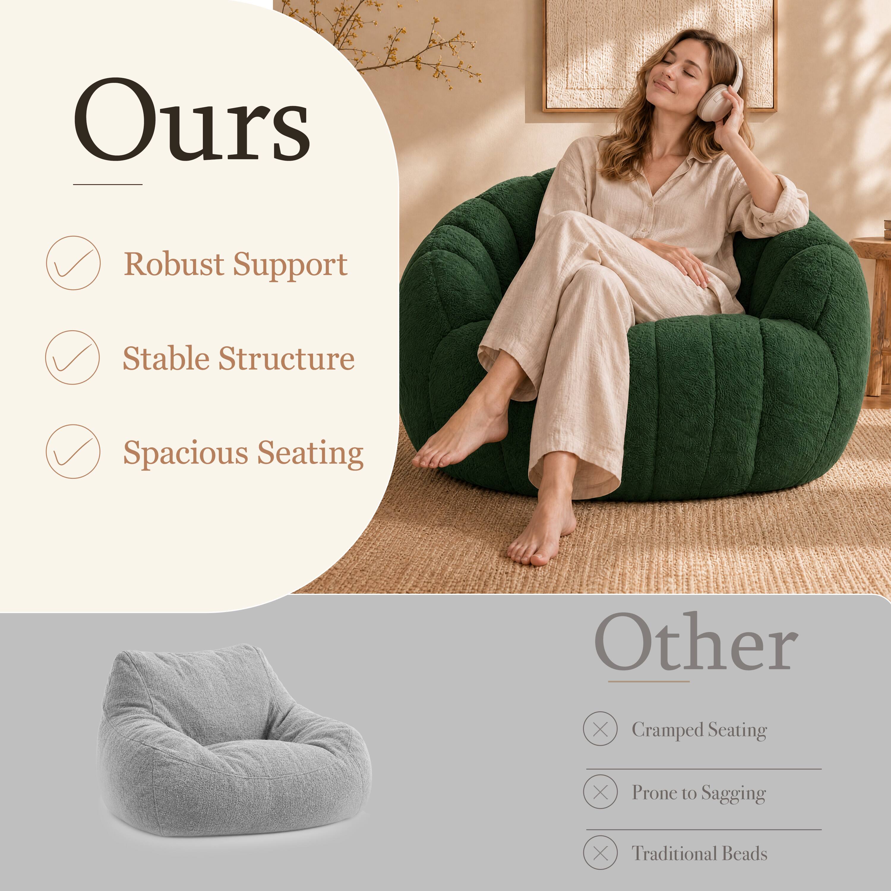 Ours
- Robust Support
- Stable Structure
- Spacious Seating

Other
- Cramped Seating
- Prone to Sagging
- Traditional Beads