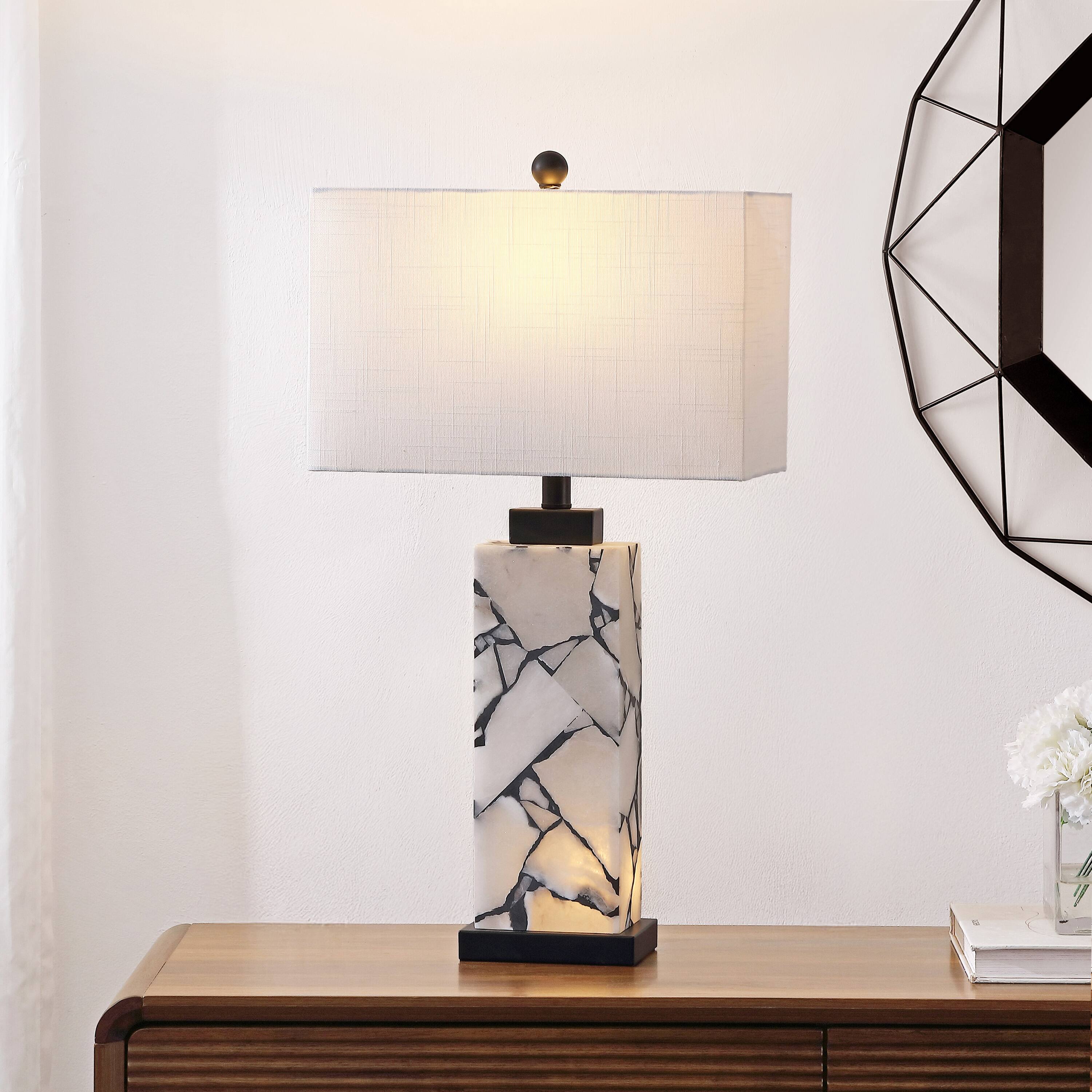 Alt View 1. Jonathan Y - Elizabeth 27.5" Contemporary Coastal Rectangular Alabaster Mosaic LED Table Lamp with Nightlight Base, White/Black - White/Black.