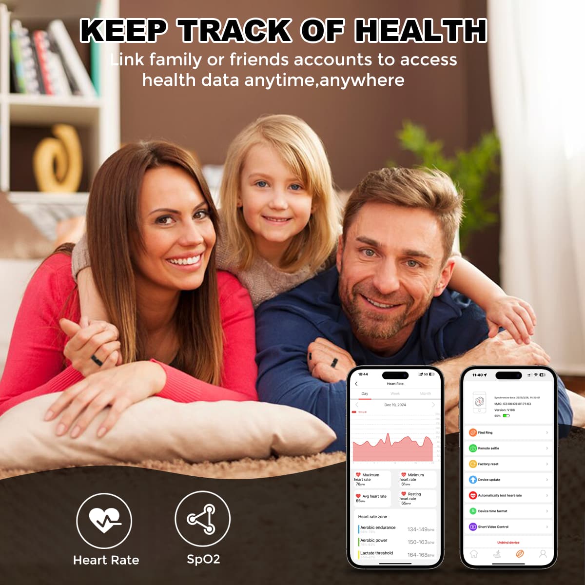 KEEP TRACK OF HEALTH
Link family or friends accounts to access health data anytime, anywhere
Heart Rate
SpO2
104 - 1. ... - - - -a - Munc - .. - d - - COCIe - - -. n - - ata - . - - -- i - - - -- - - Ag - -- - nn - 1 - - - - mean - -_o - - - - endurance 134-143w T nthio_ - d Agnac -o - 150-163m od de Heart Rate SpO2 Lactara eveshone 66-16:8mm