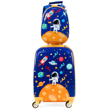 Front. Costway - 2PCS Kids Luggage Set 18'' Rolling Suitcase & 12'' Backpack Travel ABS Spaceman Blue - Blue/Orange.