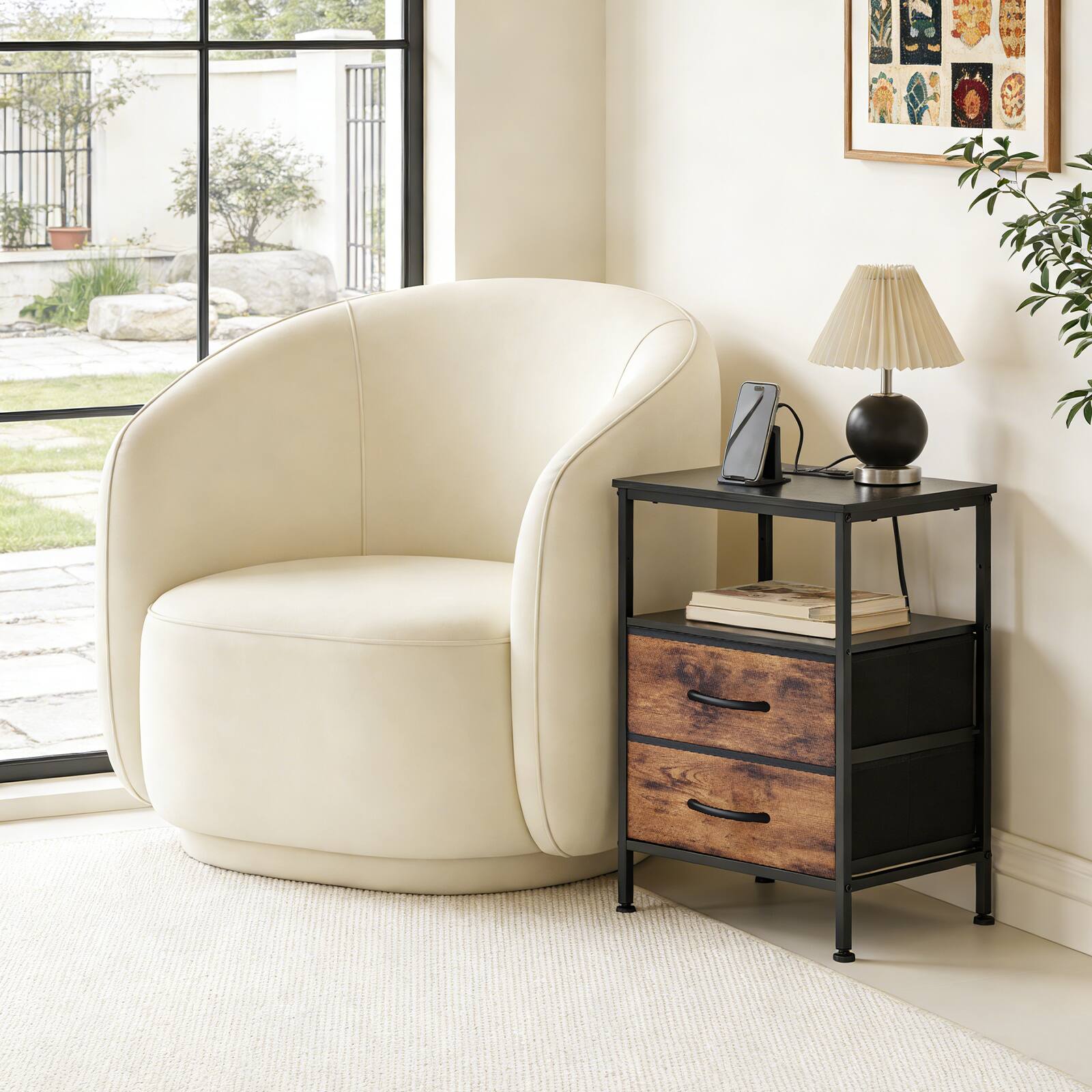 Left. AENKYO - Bedside Table Nightstand 3-Tier Storage End Table with Charging Station - black brown.