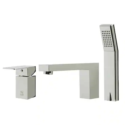 Front. Alfi - Polished Chrome Deck Mounted Tub Filler and Square Hand Held Shower Head - Silver.