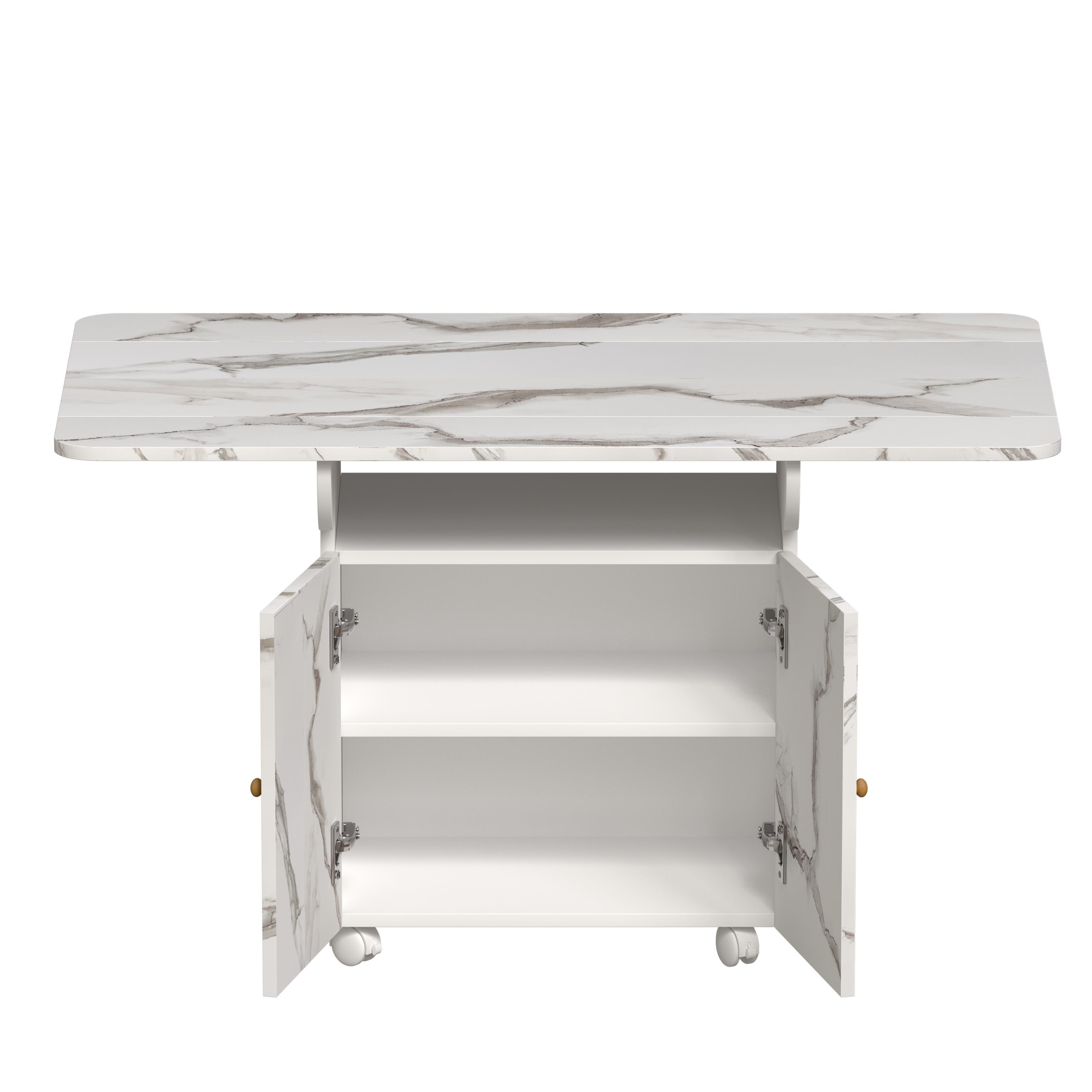 Alt View 7. Tiramisubest - 47" Wood Folding Dining Table with storage rack and cabinet, Movable Versatile Table with 6 Wheels, White Marble Color - White.