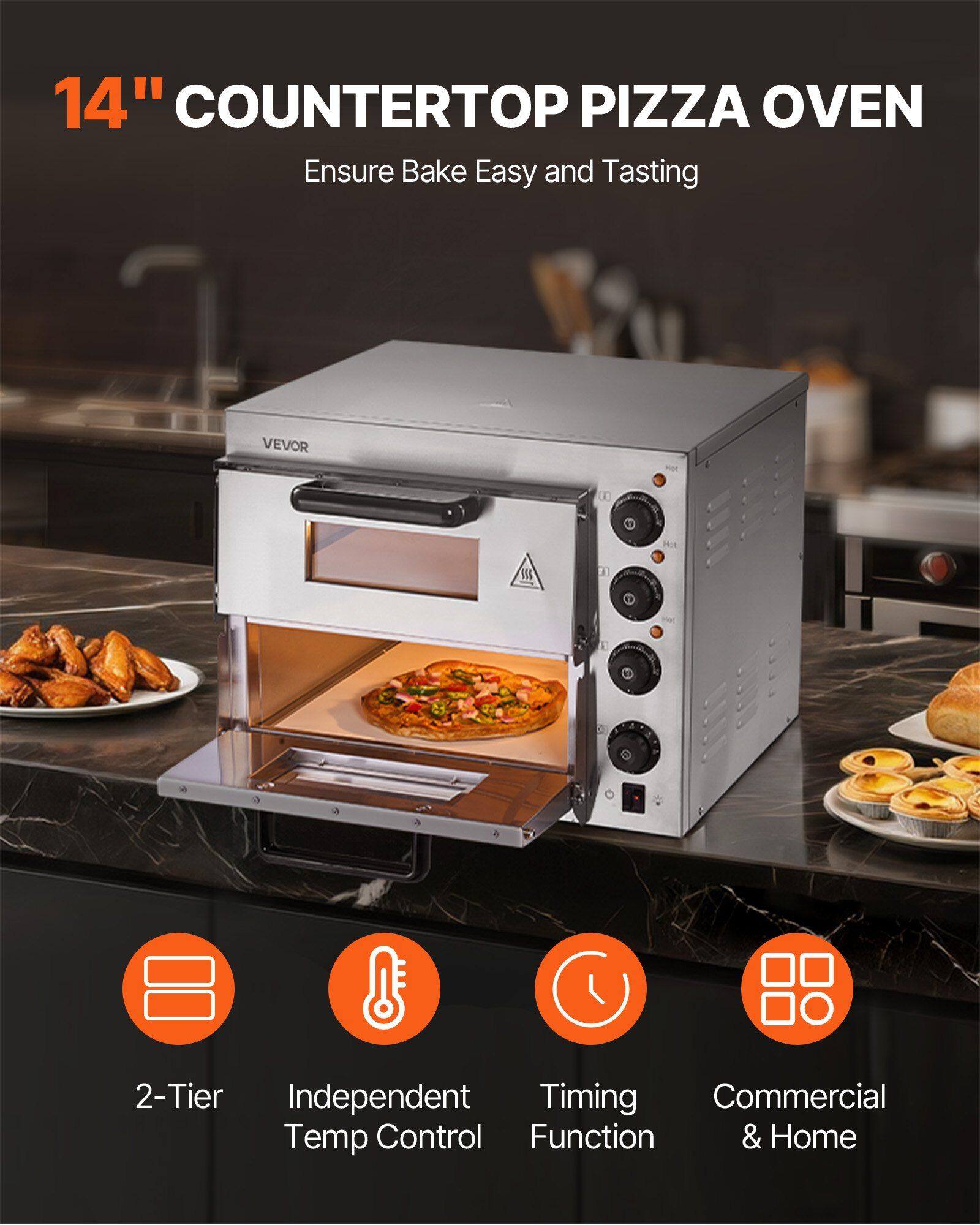 14" COUNTERTOP PIZZA OVEN  
Ensure Bake Easy and Tasting  

VEVOR  

2-Tier  
Independent Temp Control  
Timing Function  
Commercial & Home