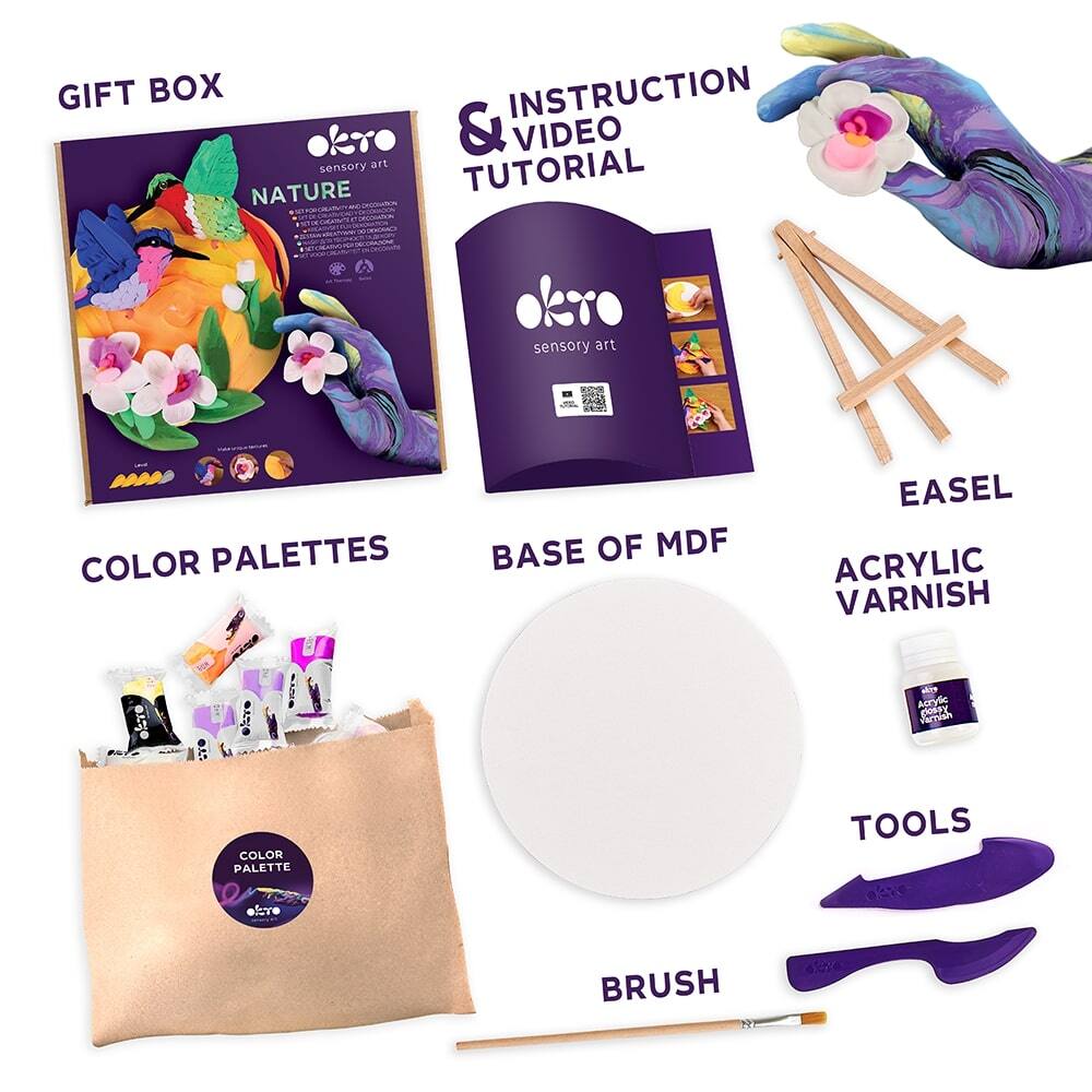 GIFT BOX  
sensory art  
NATURE  

INSTRUCTION & VIDEO TUTORIAL  
sensory art  

COLOR PALETTES  
BASE OF MDF  
EASEL  
ACRYLIC VARNISH  
TOOLS  
BRUSH