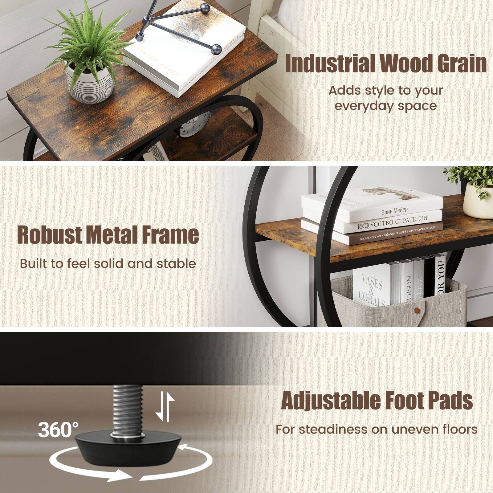 ANIMALS HAPPY

Industrial Wood Grain Adds style to your everyday space

Robust Metal Frame Built to feel solid and stable

Adjustable Foot Pads For steadiness on uneven floors