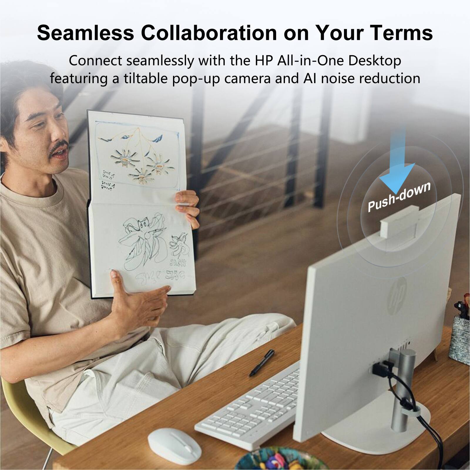 Seamless Collaboration on Your Terms

Connect seamlessly with the HP All-in-One Desktop featuring a tiltable pop-up camera and AI noise reduction

Push-down