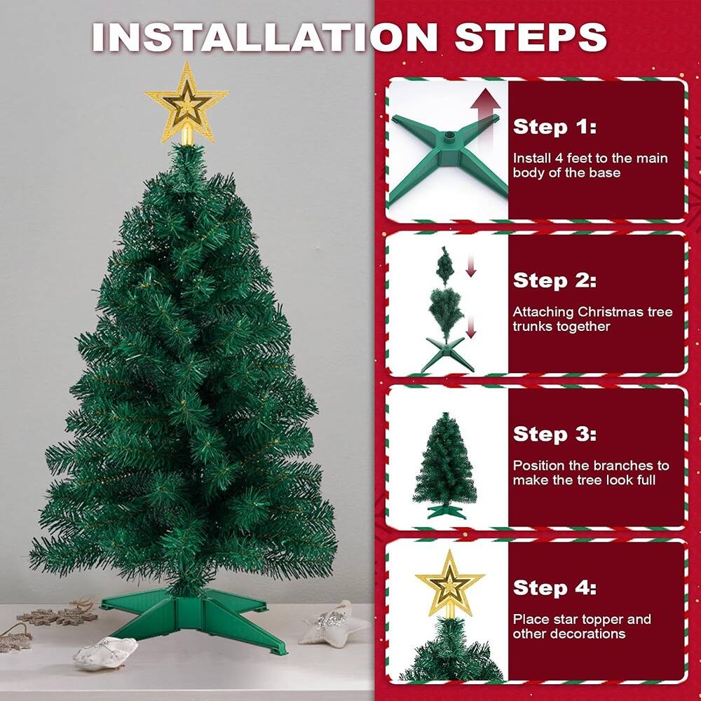 Installation Steps

Step 1: Install 4 feet to the main body of the base

Step 2: Attaching Christmas tree trunks together

Step 3: Position the branches to make the tree look full

Step 4: Place star topper and other decorations