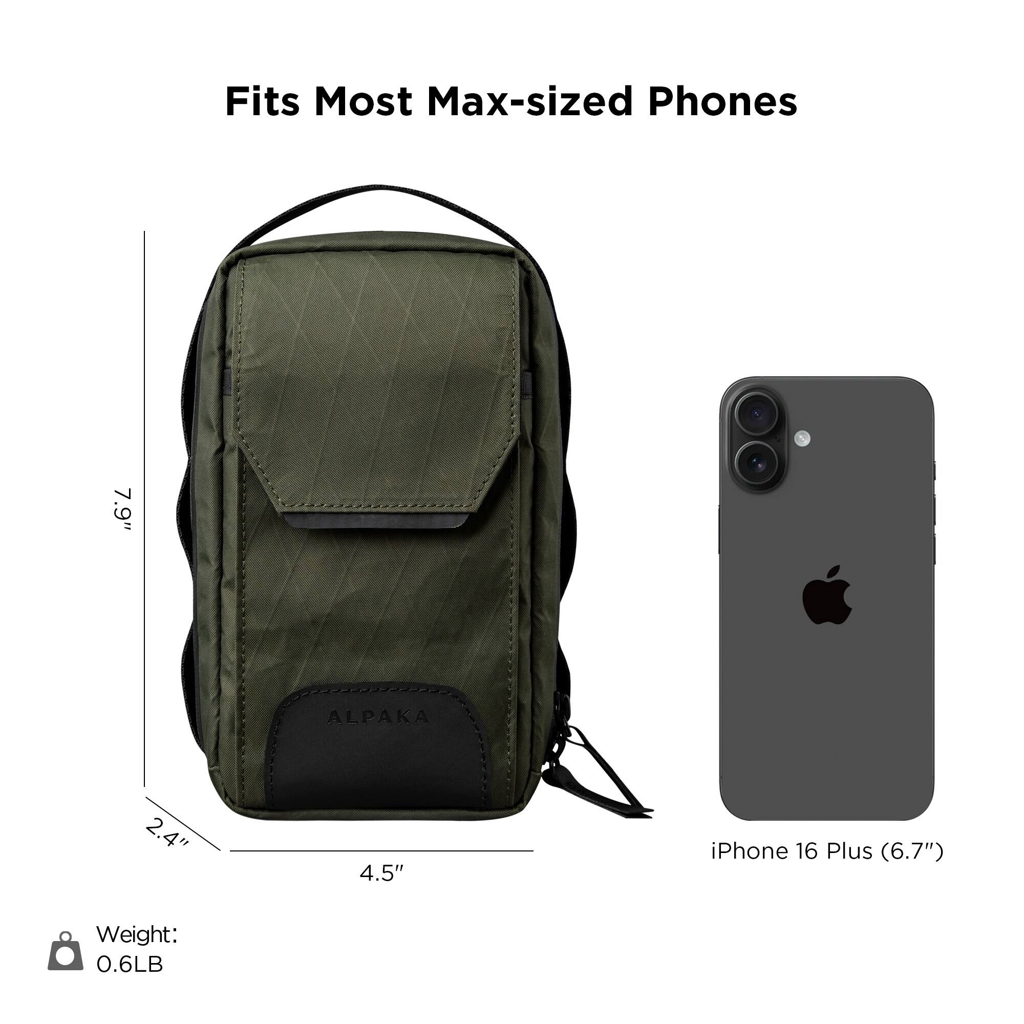 Fits Most Max-sized Phones

ALPAKA

7.9"  
2.4"  
4.5"  
iPhone 16 Plus (6.7")  

Weight: 0.6LB