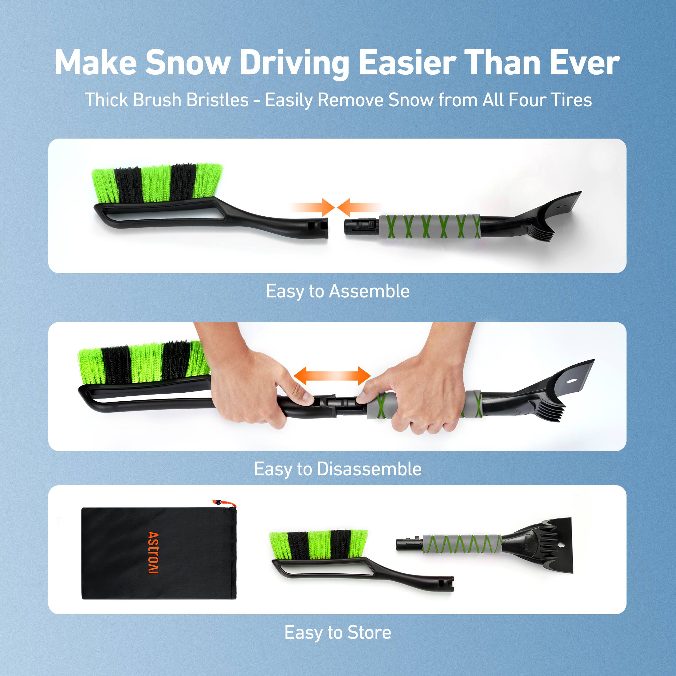 Make Snow Driving Easier Than Ever

Thick Brush Bristles - Easily Remove Snow from All Four Tires

Easy to Assemble

Easy to Disassemble

Easy to Store