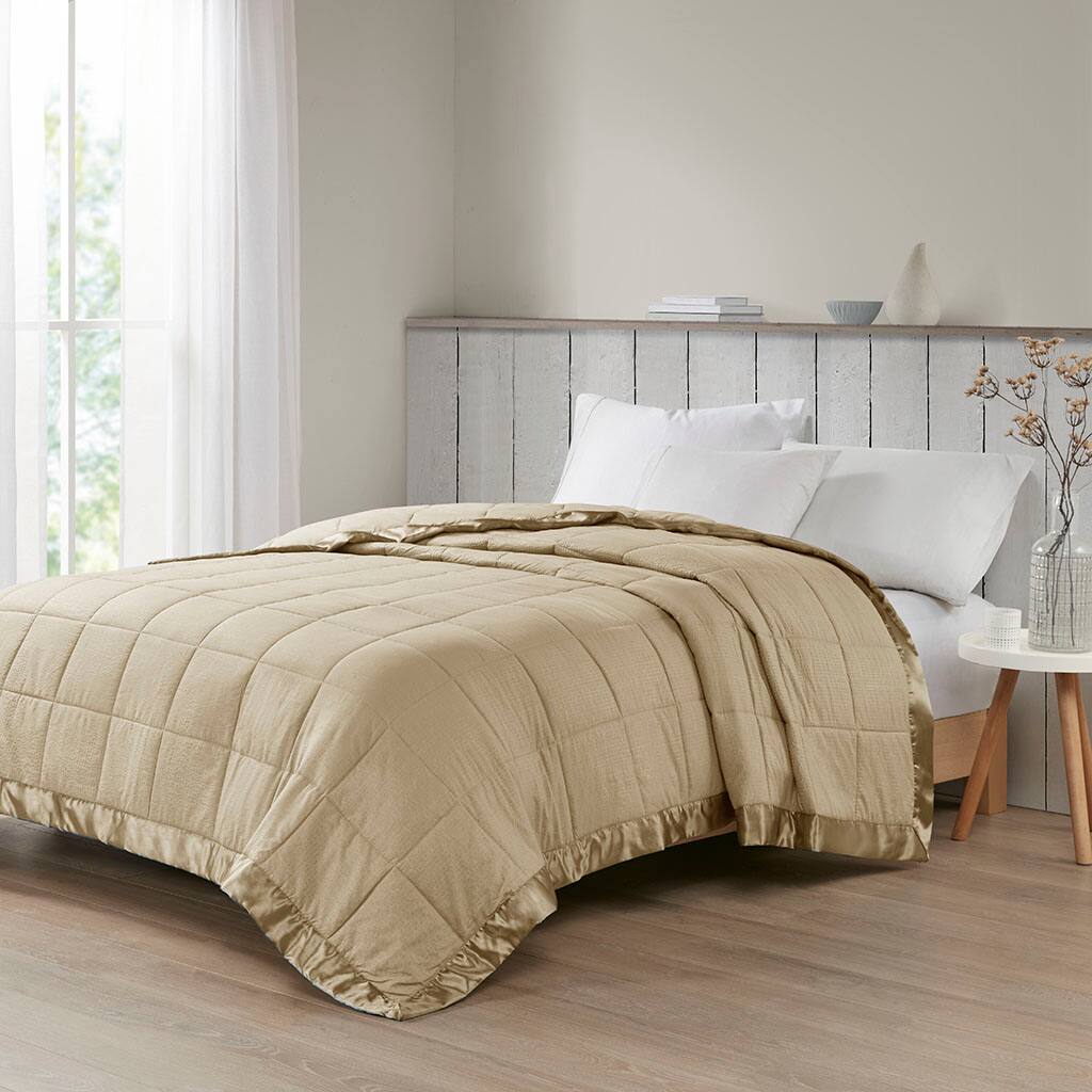 Alt View 1. Gracie Mills - Gracie Mills Lucile Textured Oversized Down Alternative Blanket with Satin Trim - Taupe.