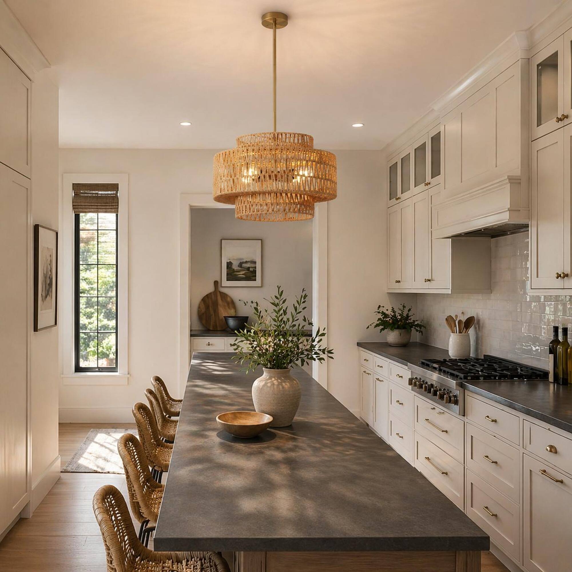 Angle. RYHNUYNE - 17.7 Inch Boho Farmhouse Rustic Rattan Chandelier, 4-Light E26 Hand Woven Wicker Pendant Light Fixture for Dining Room.