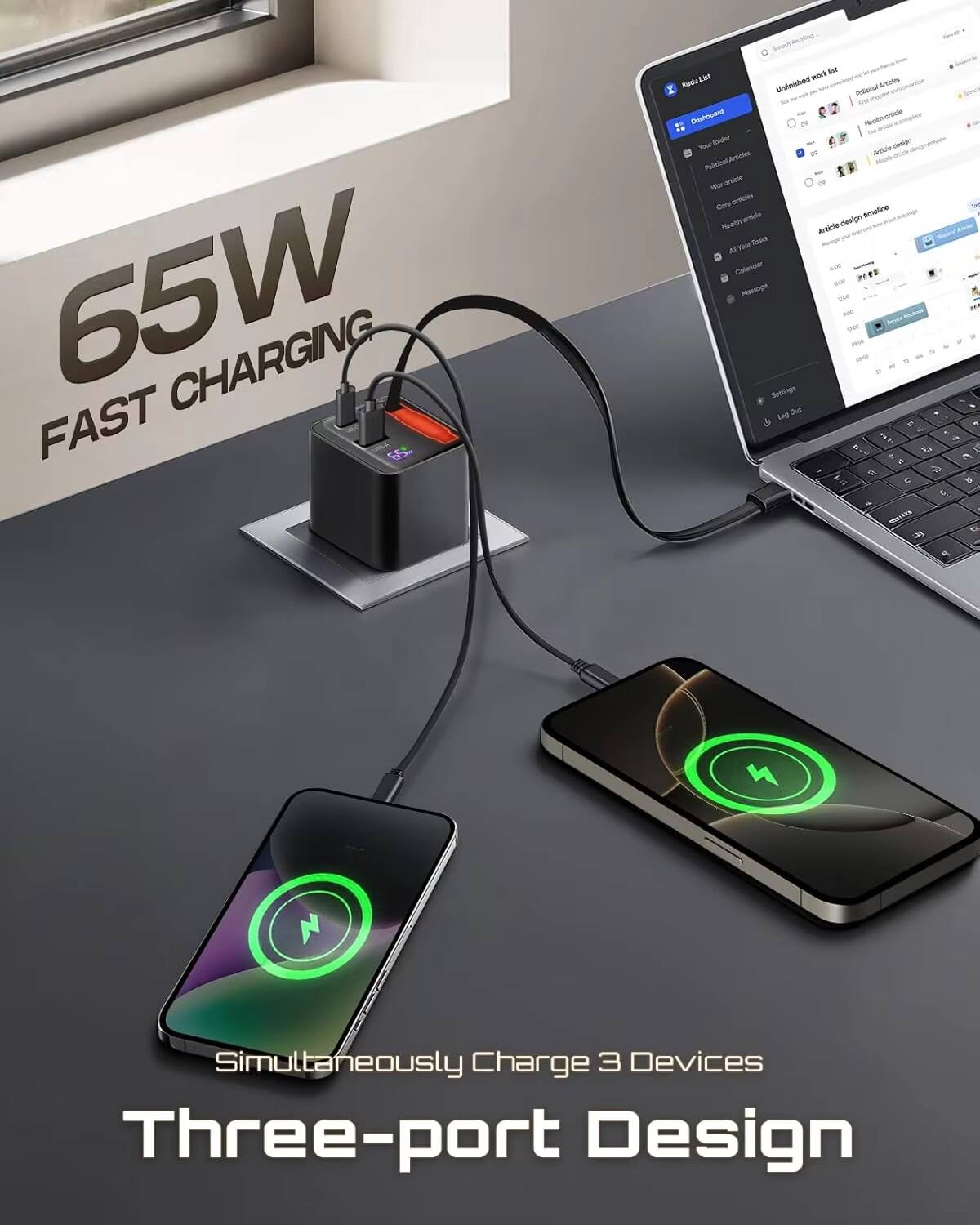 65W FAST CHARGING

Simultaneously Charge 3 Devices

Three-port Design