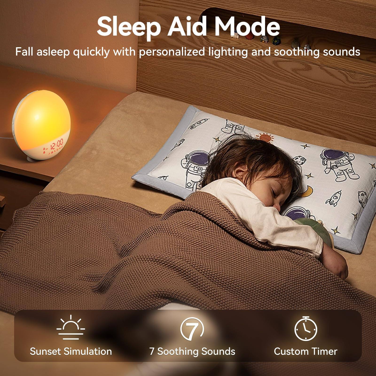 Sleep Aid Mode  
Fall asleep quickly with personalized lighting and soothing sounds  

- Sunset Simulation  
- 7 Soothing Sounds  
- Custom Timer