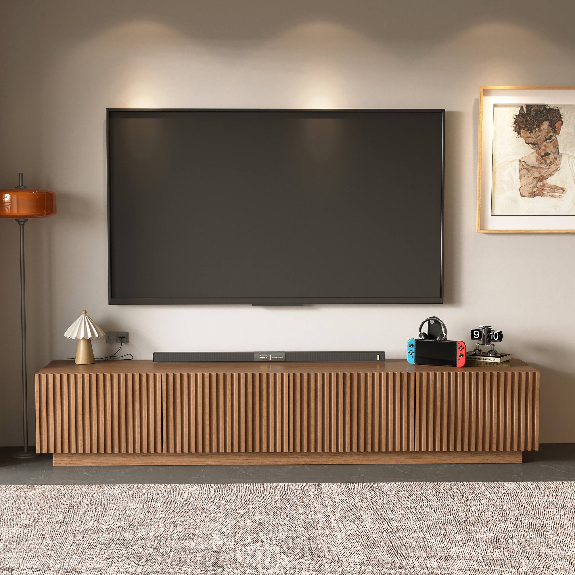 Angle. luck idea - 86.61" TV Stand & Media Console, Modern Entertainment Center with Large Storage for Living Room - Walnut Color.