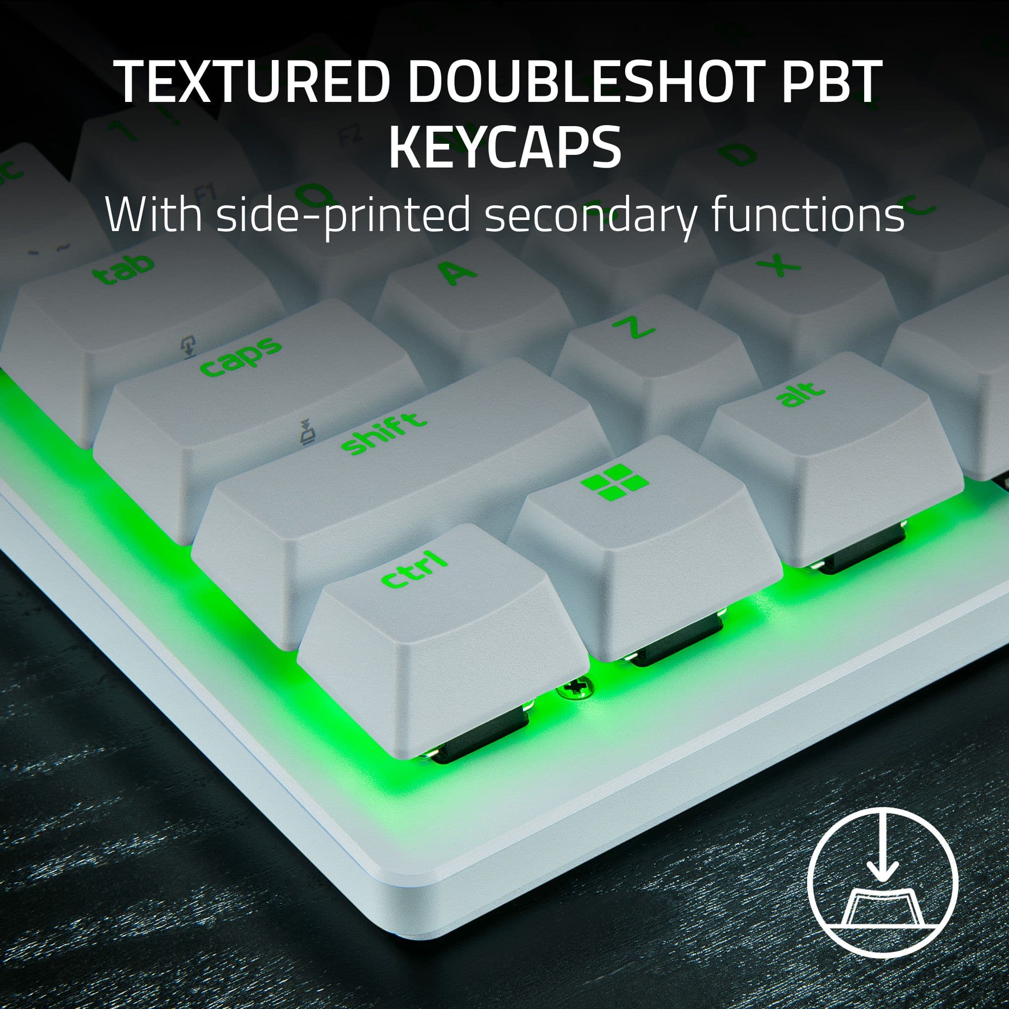 Textured DoubleShot PBT Keycaps with side-printed secondary functions, including tab, X, C, Z, caps, alt, and ctrl.