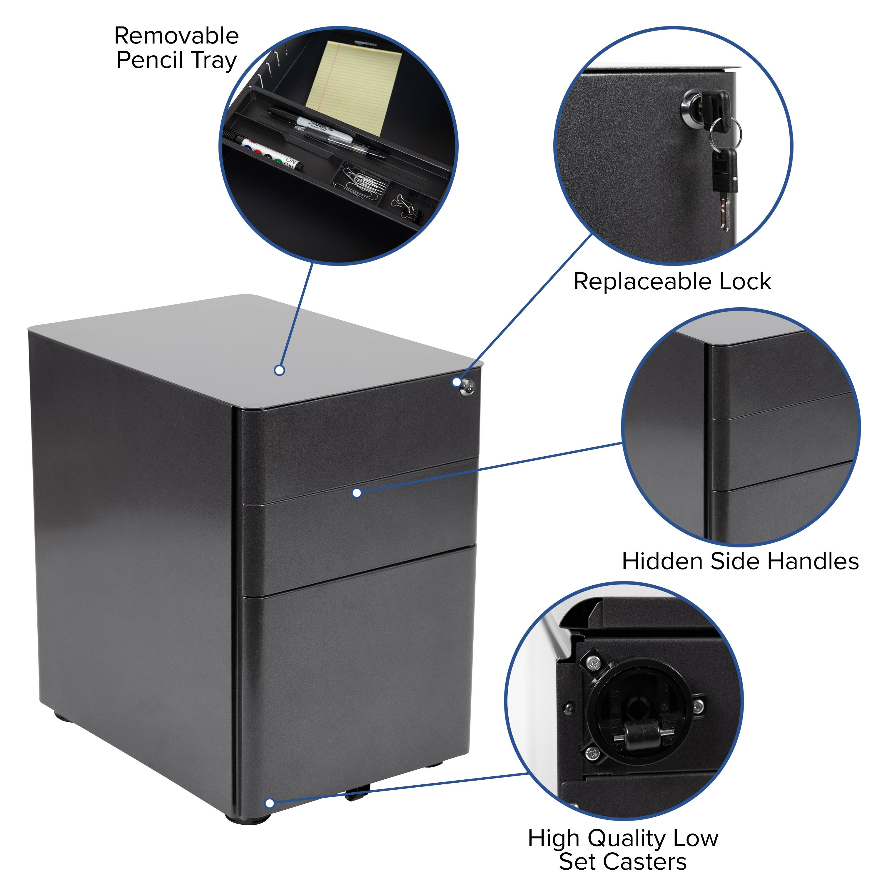 - Removable Pencil Tray
- Replaceable Lock
- Hidden Side Handles
- High Quality Low Set Casters