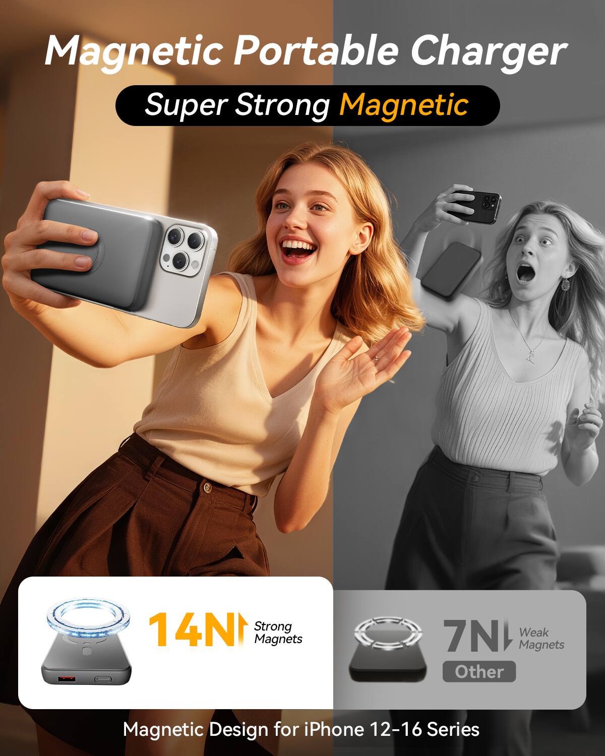 Magnetic Portable Charger  
Super Strong Magnetic  

14N Strong Magnets  
7N Weak Magnets  

Magnetic Design for iPhone 12-16 Series
